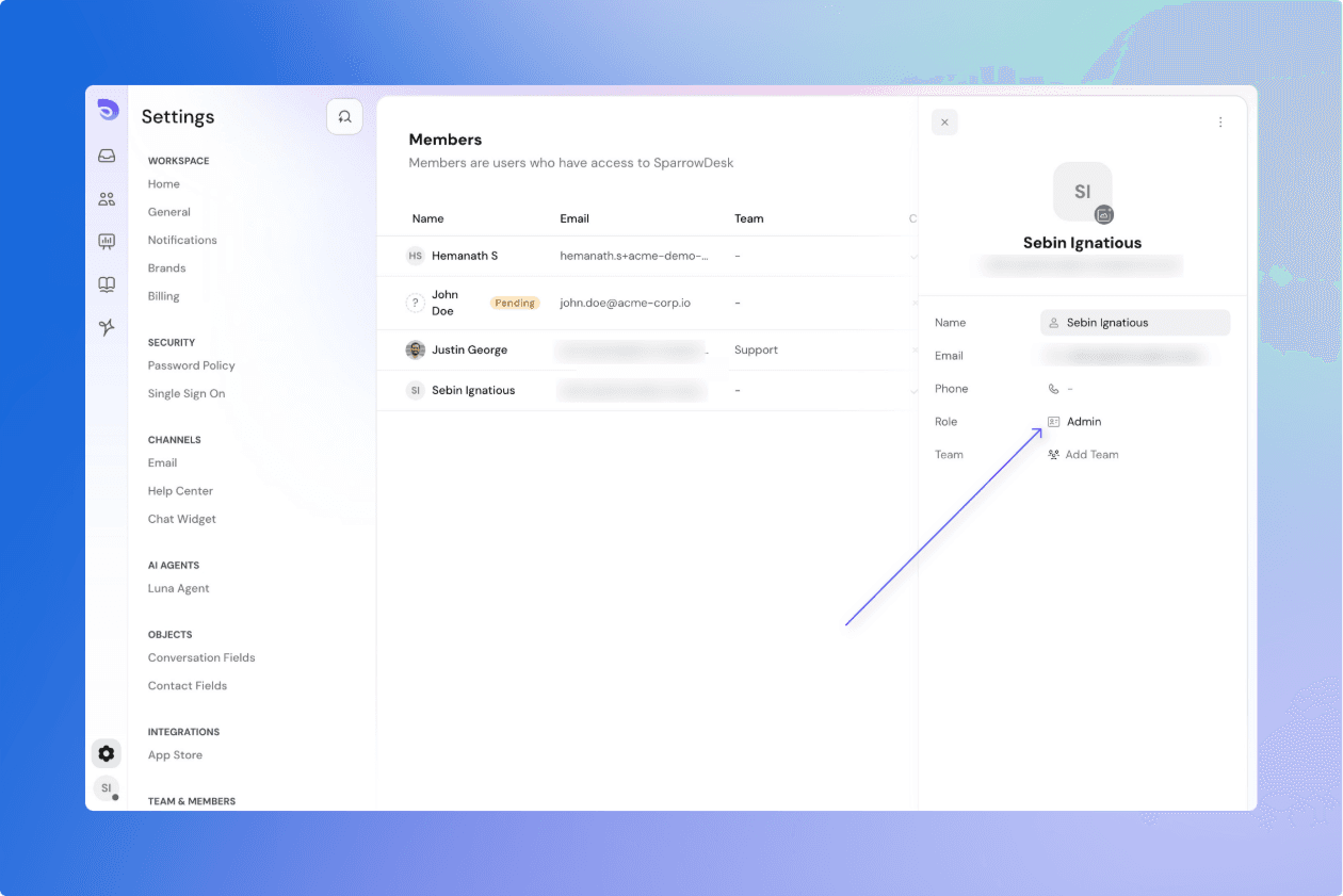 SparrowDesk Settings Interface Showing Members and Team Details.png